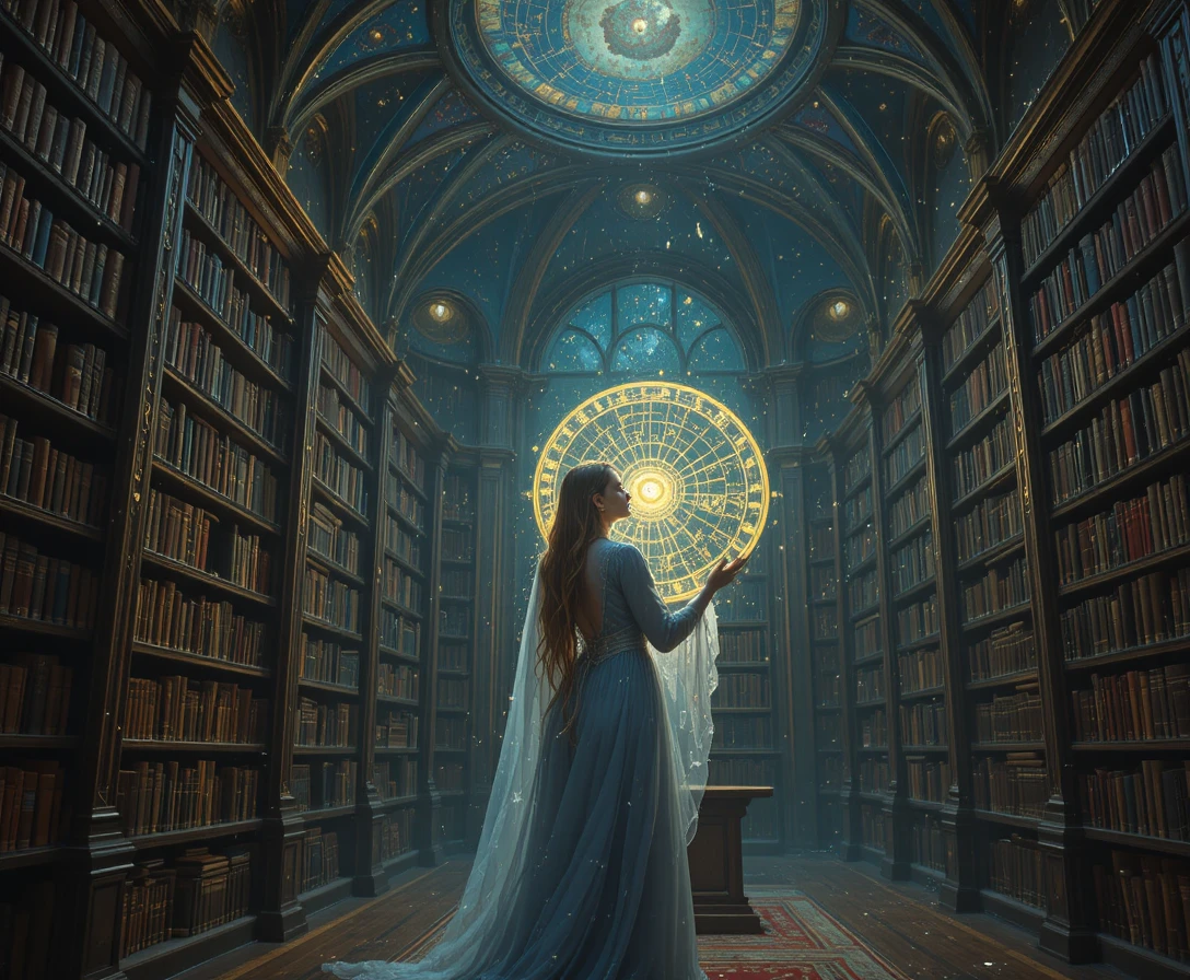Bibliotecária etérea estudando um mapa estelar celeste brilhante