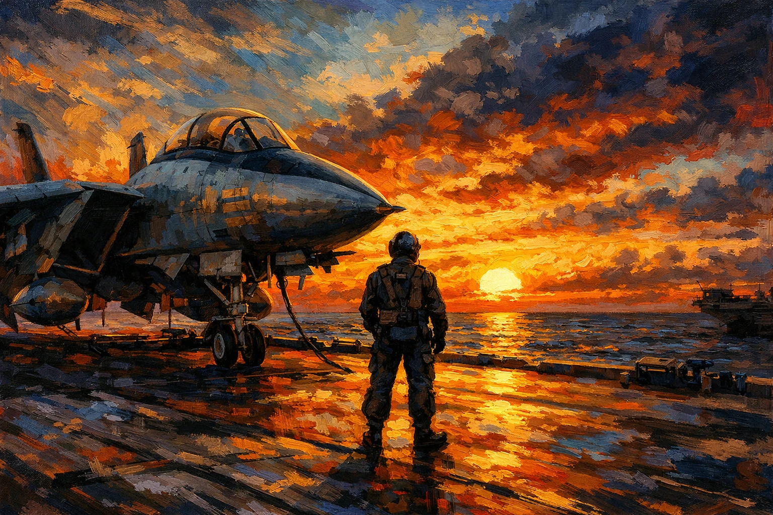 Chasseur F-14 et pilote solitaire sur porte-avions au coucher du soleil