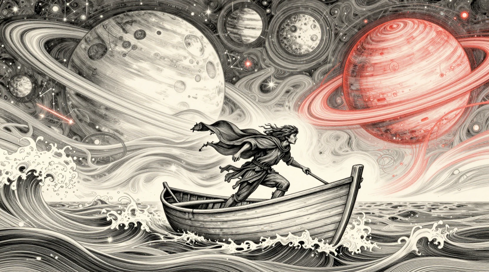 Runaway traveler in a rowboat on a cosmic ocean