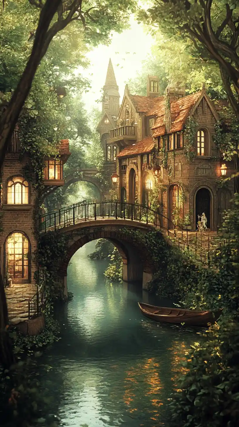 Serene aztec canal with bridge houses and walking girl