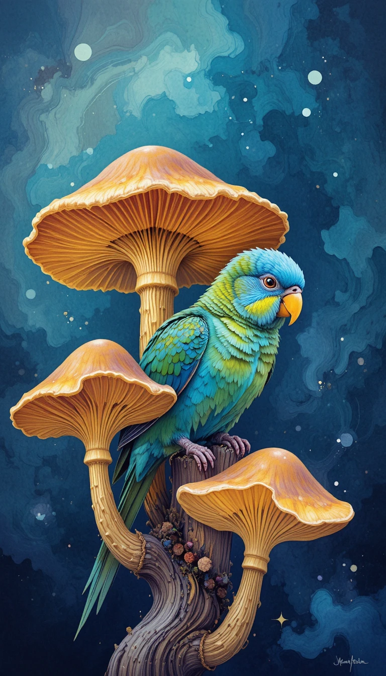 Cogumelos dourados abstratos em fundo azul‑escuro em espiral