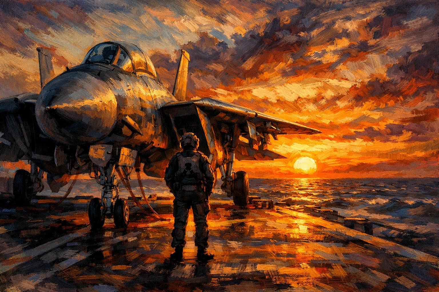 F 14 fighter jet at sunset on a lonely aircraft carrier