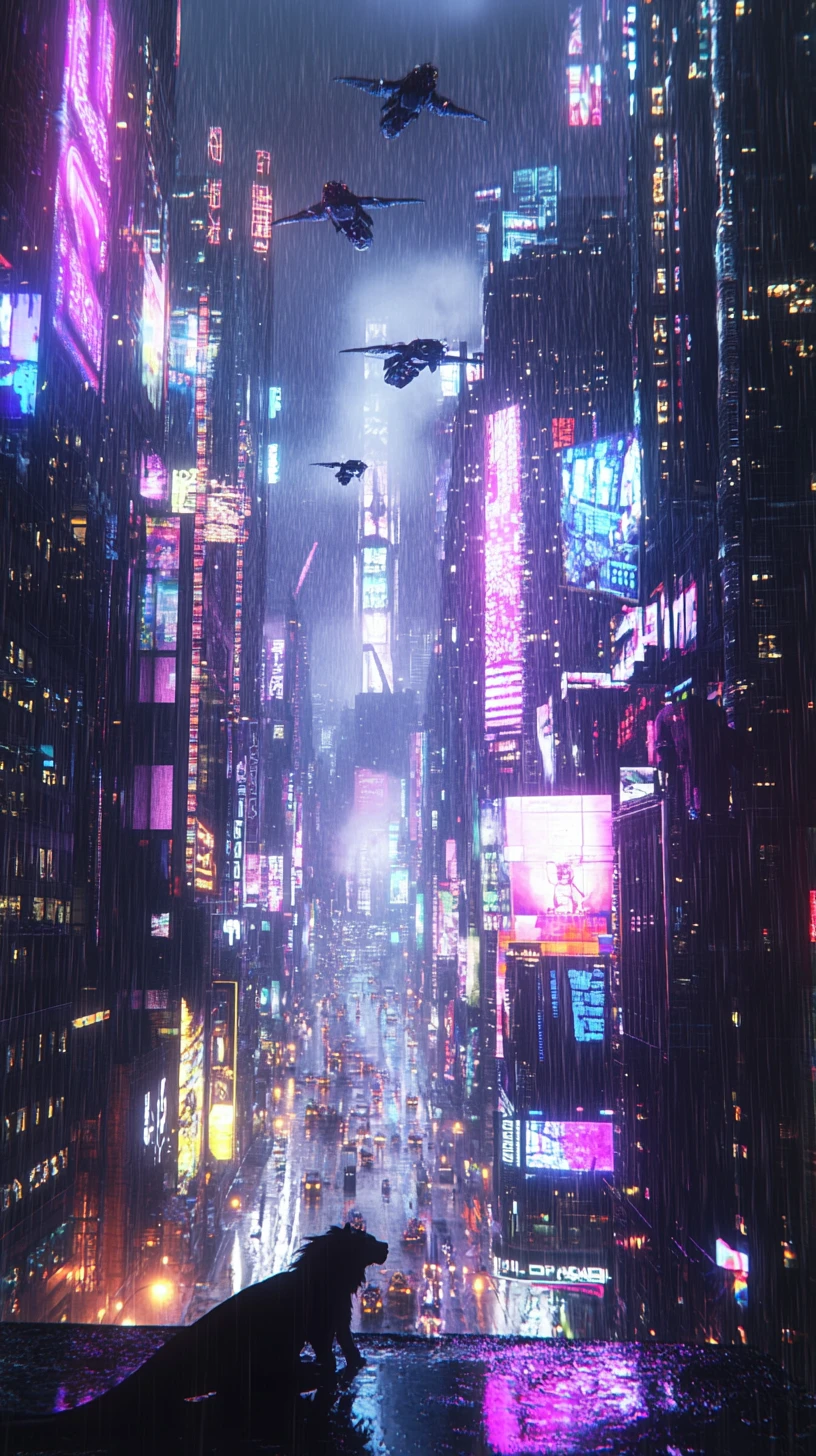 Löwe blickt im Regen auf eine futuristische Neonstadt