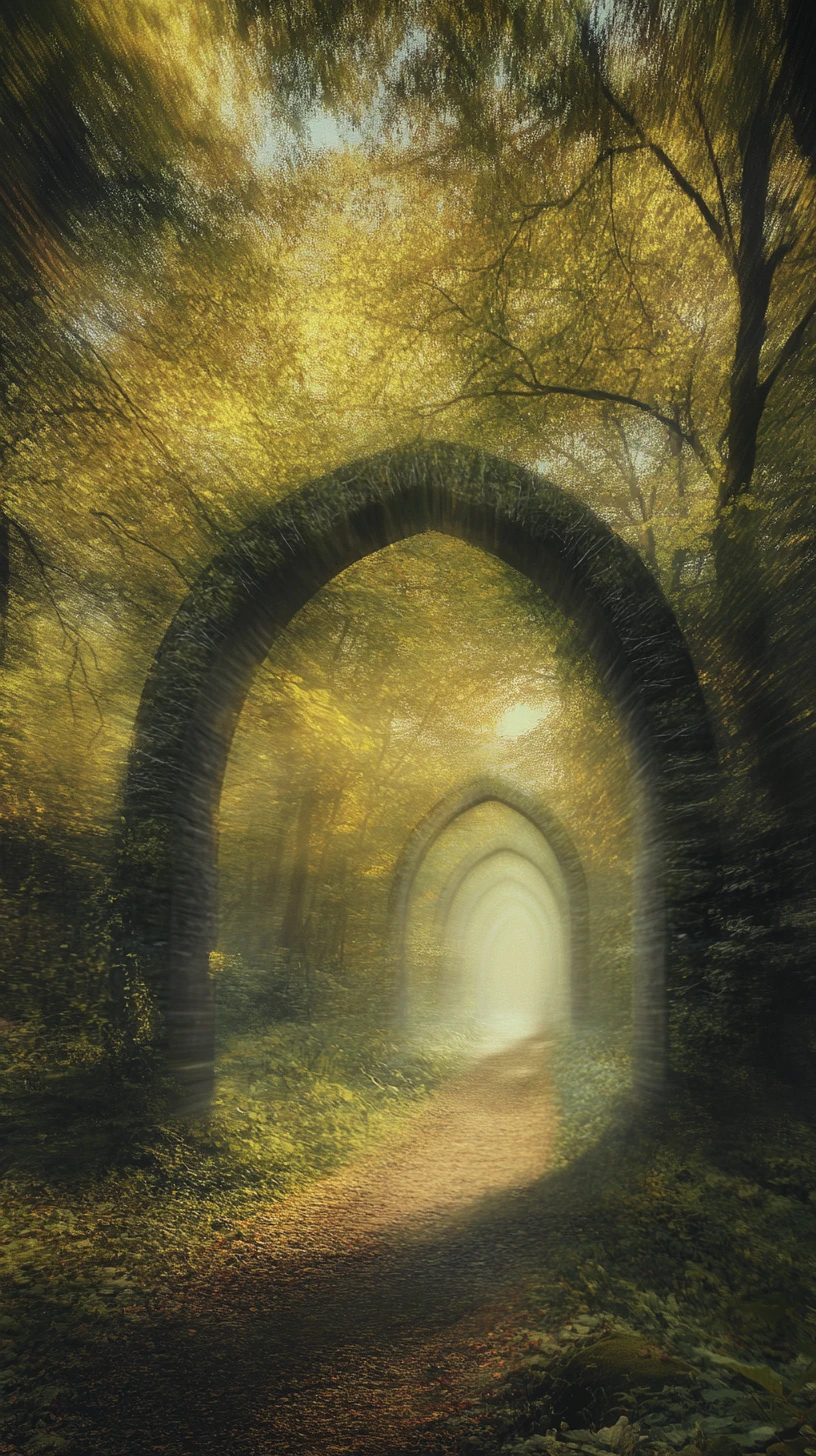 Whimsical arched doorways in a radiant enchanted forest