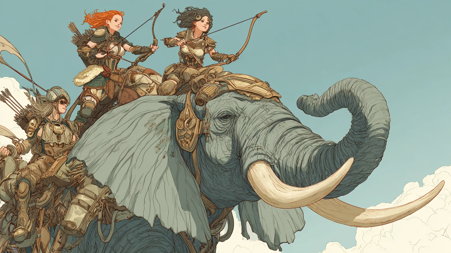 Fille barbare steampunk chevauchant un éléphant volant