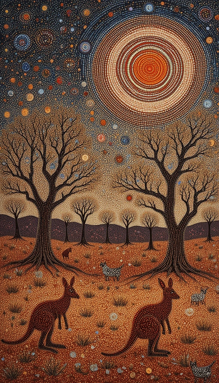 Mystical kangaroos under a starry desert dreamtime sky