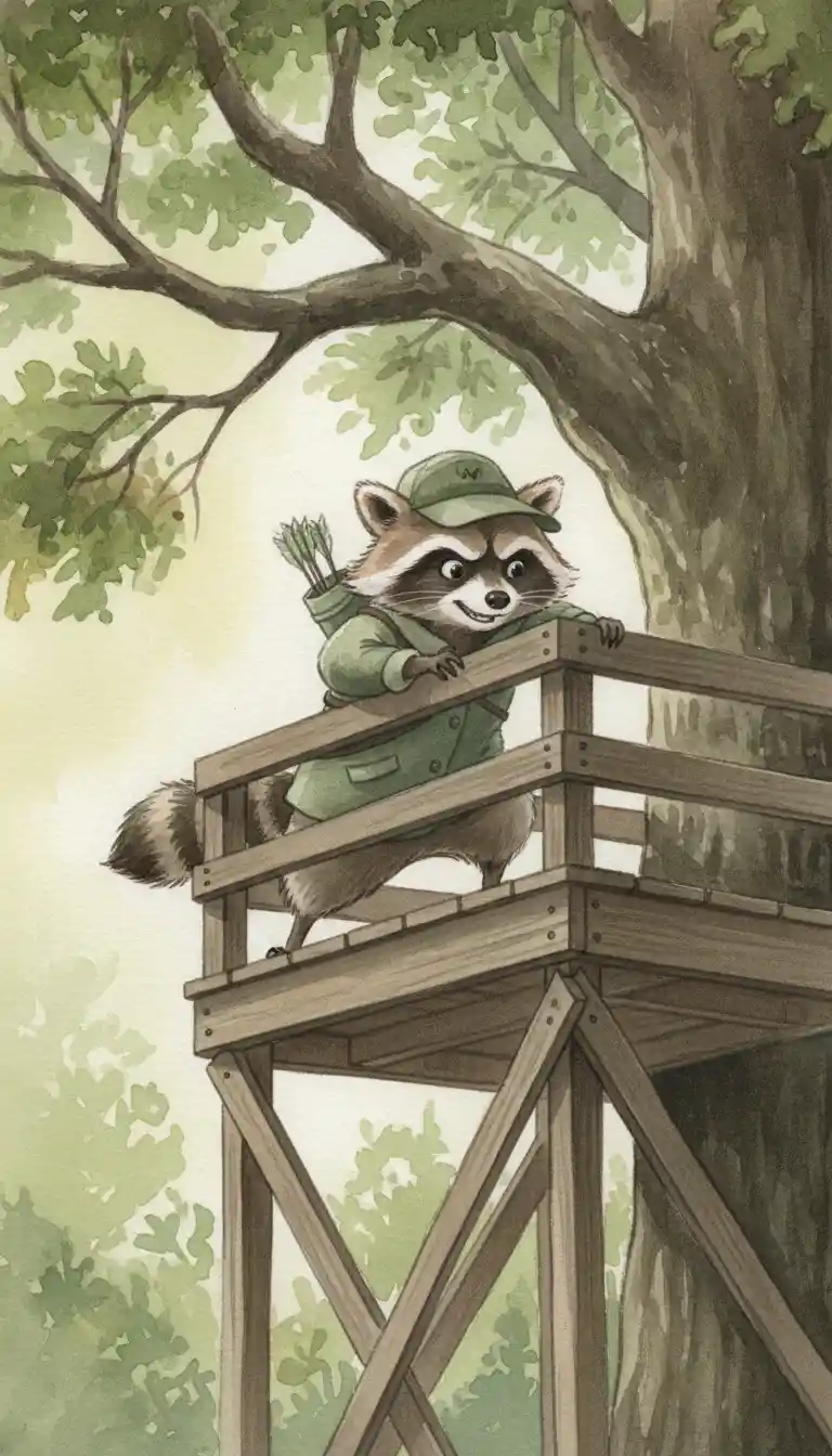 Raccoon Hunter Climbing A Forest High Seat In 3D Animation