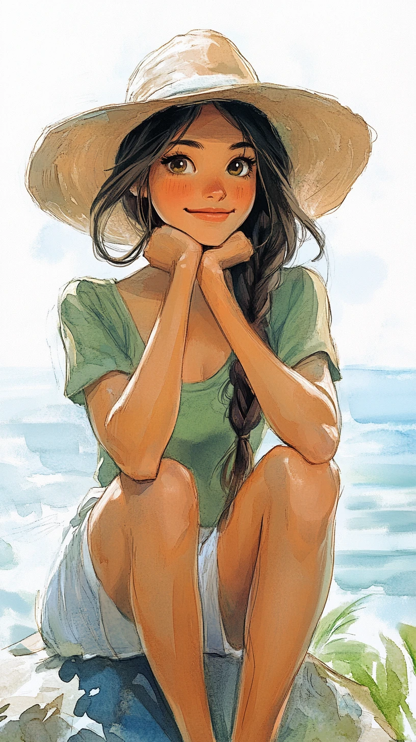 Young woman sitting on seaside rocks in watercolor style