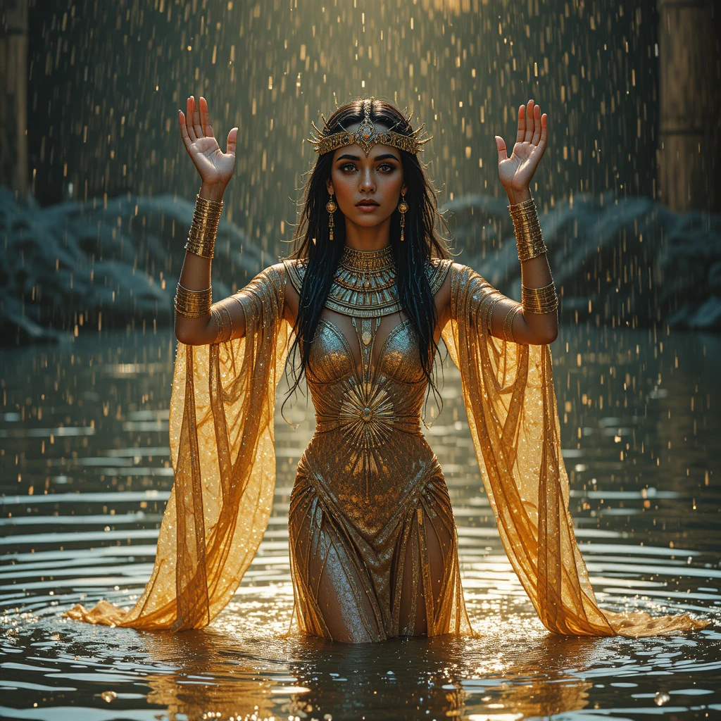 Rainha do Egito Antigo com vestido dourado em pé no Nilo