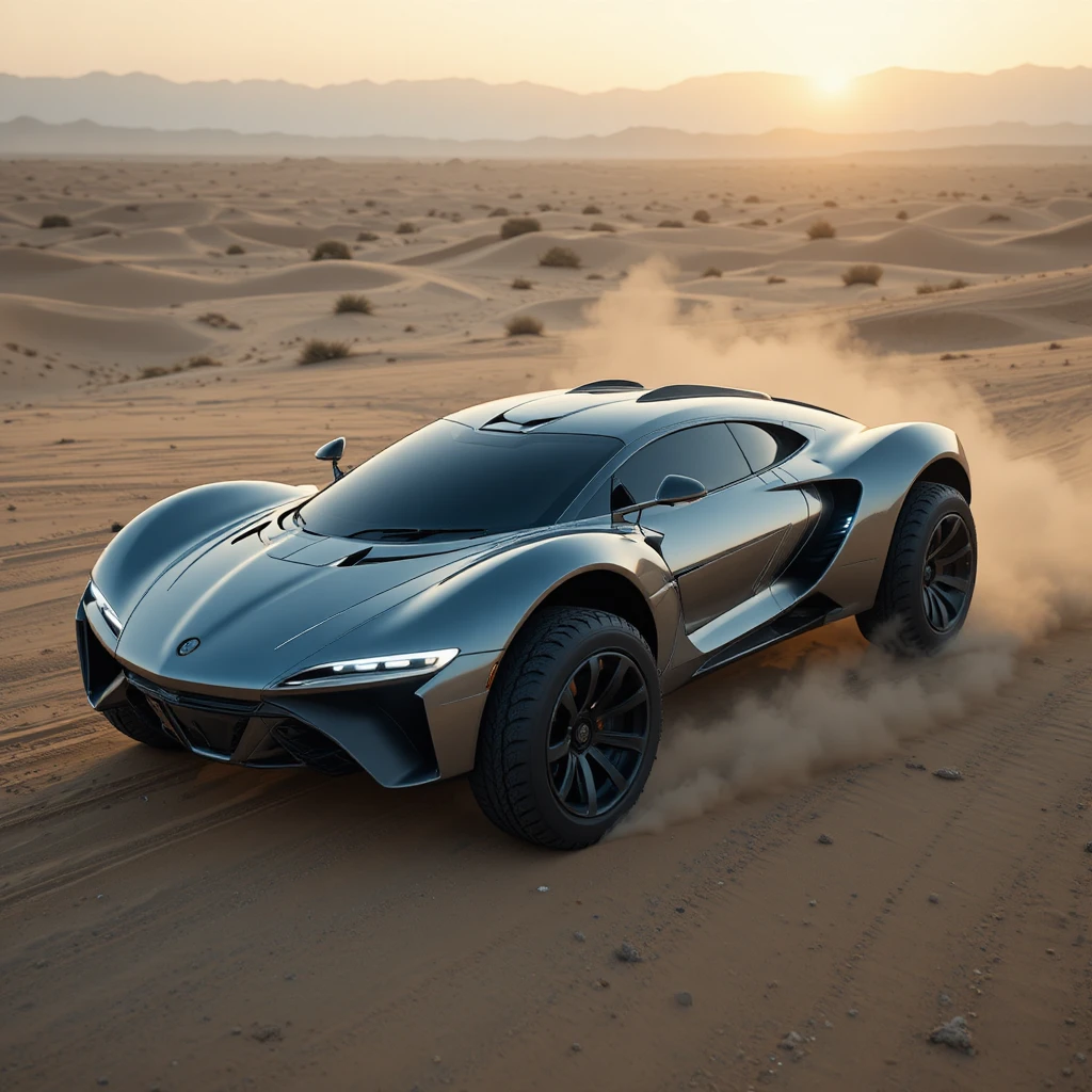 Carro conceito futurista com vista para um vasto deserto cinematográfico