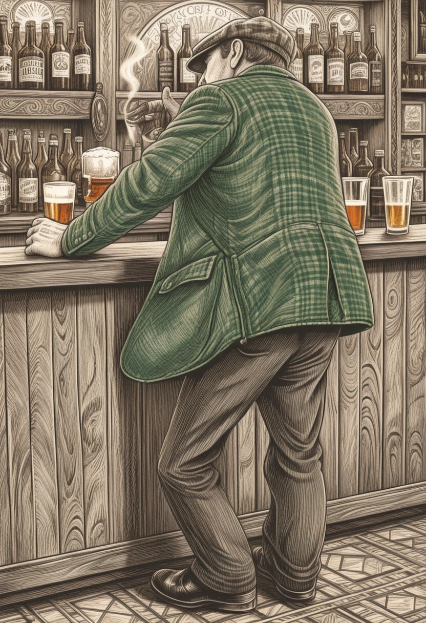 Homem com cerveja e cigarro em balcão de bar de madeira vintage