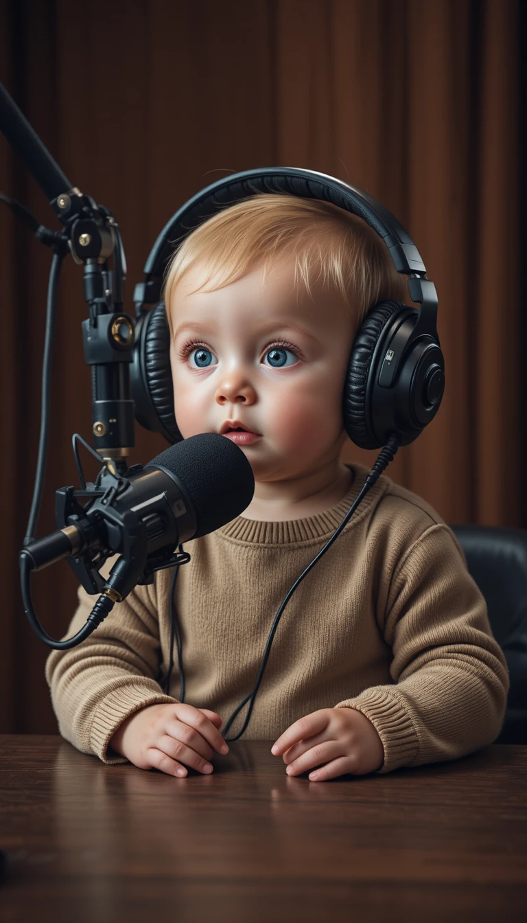 Bebê apresentador de podcast usando fones de ouvido em estúdio aconchegante