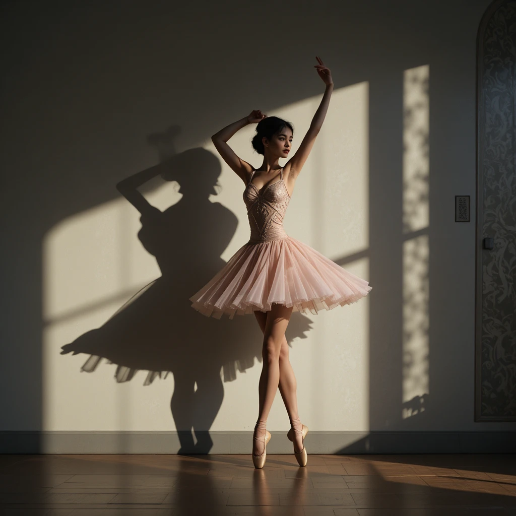 Hinterleuchtete klassische Balletttänzerin, die einen Schatten an die Wand wirft