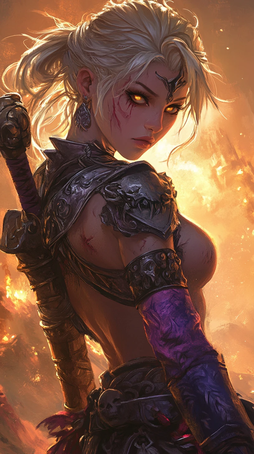 Gros plan sur une guerrière anime avec cicatrices et tatouages
