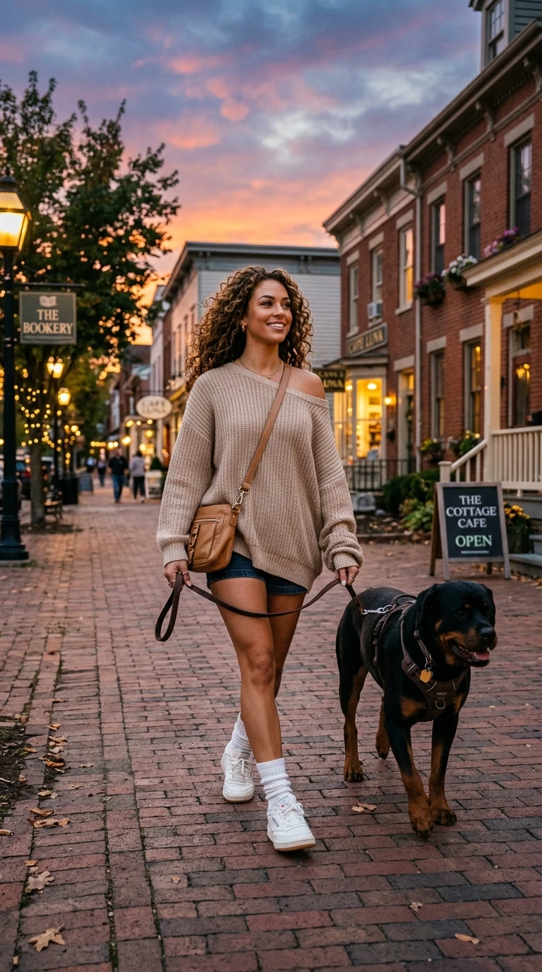 Jeune femme promenant son rottweiler sur une place de village chaleureuse