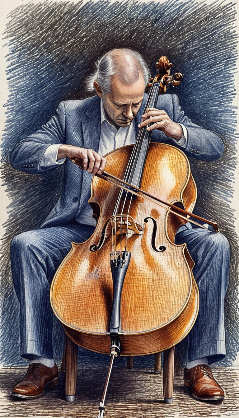 Violoncelo em terno escuro tocando violoncelo sob luz dramática