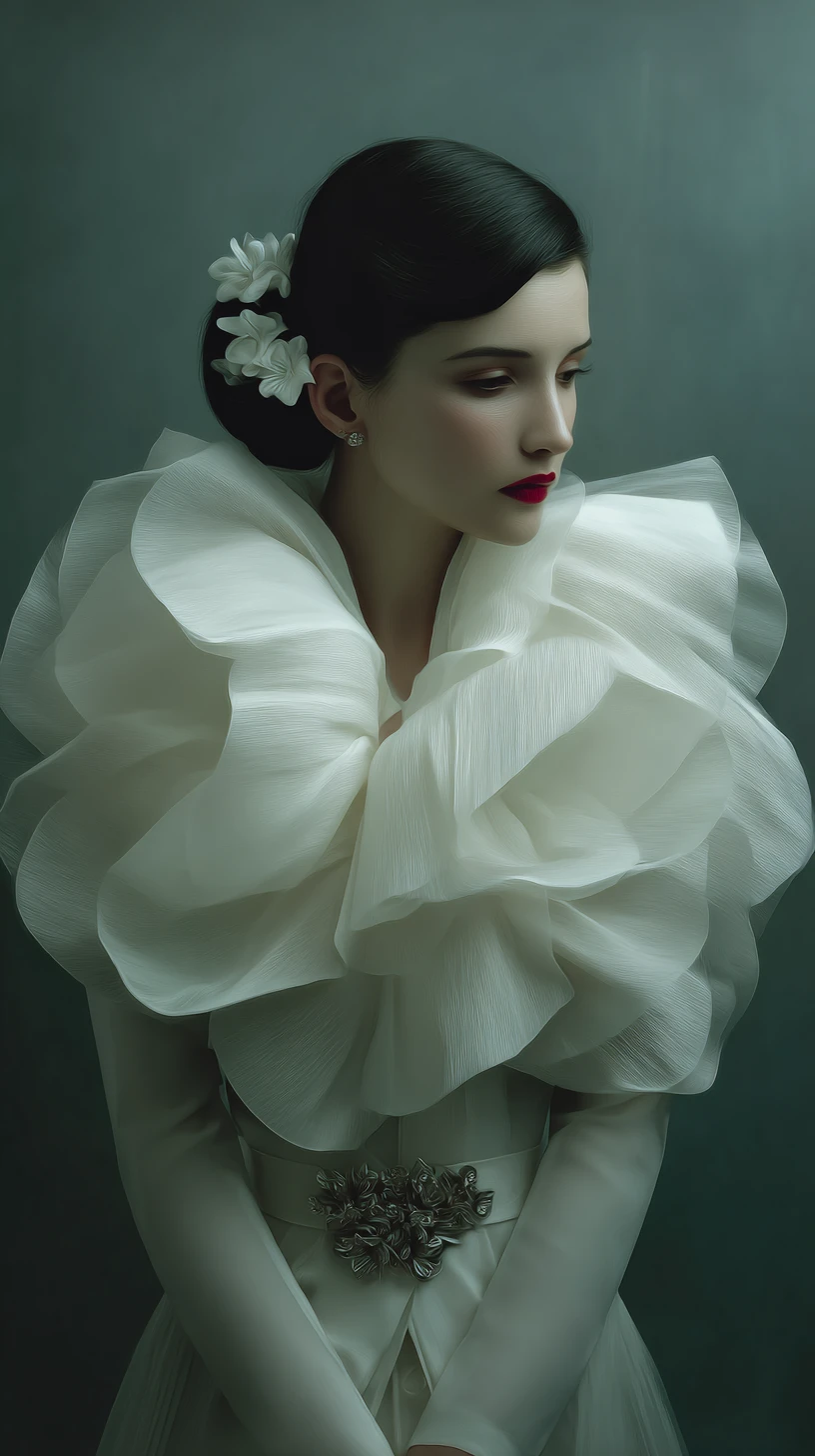 Young woman in sculptural white petal collar gown portrait