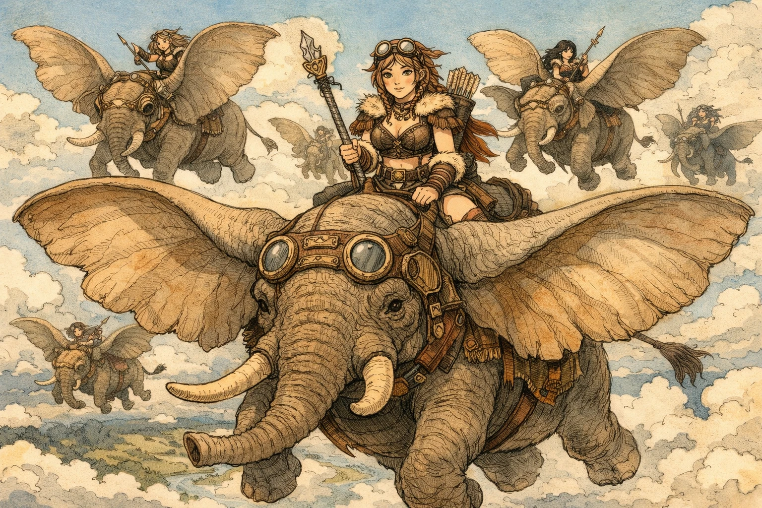 Steampunk warrior girl riding a flying african elephant