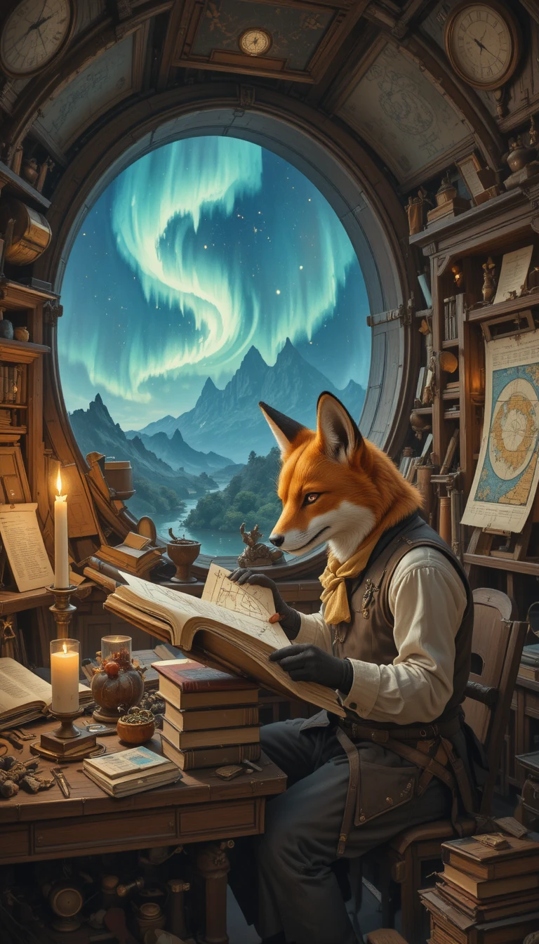 Anthropomorpher Fuchsgelehrter, der bei Kerzenlicht eine antike Karte studiert