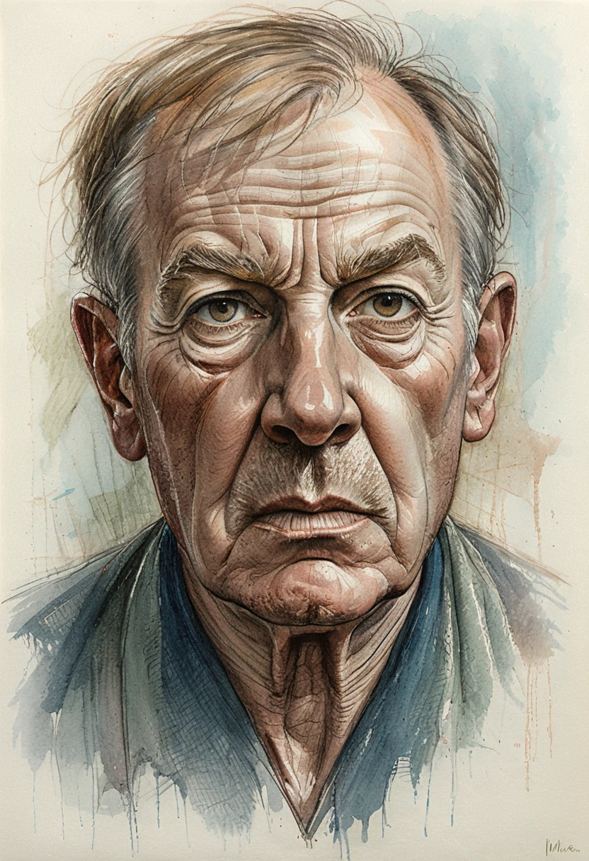 Retrato em close de idoso em desenho com lápis de cor quente