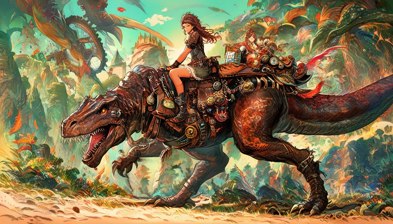 Garota guerreira steampunk montando um dinossauro rumo à batalha