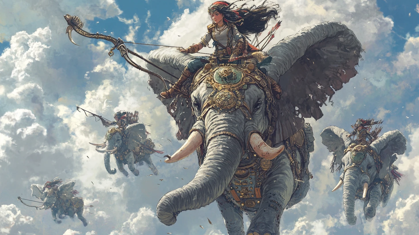 Steampunk-Kriegerin reitet auf einem fliegenden afrikanischen Elefanten