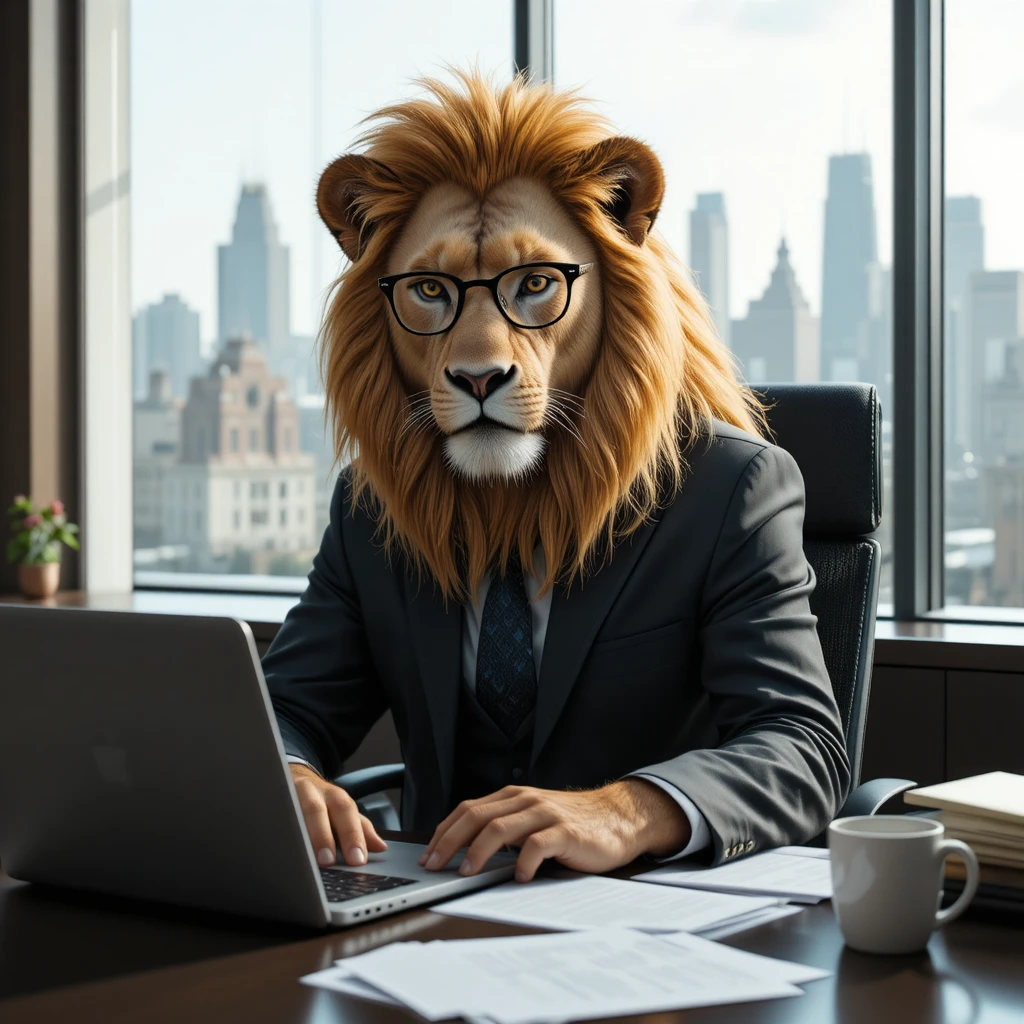 Leão realista trabalhador de escritório digitando em uma mesa moderna