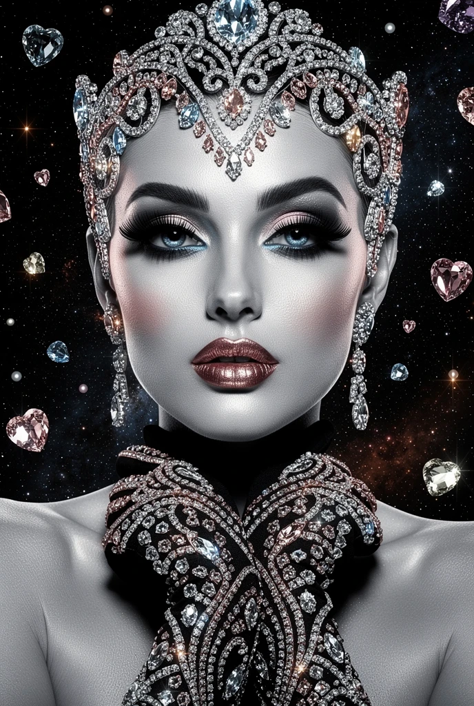 Mulher gótica glamourosa sorrindo com adereço de cabeça futurista cravejado de joias
