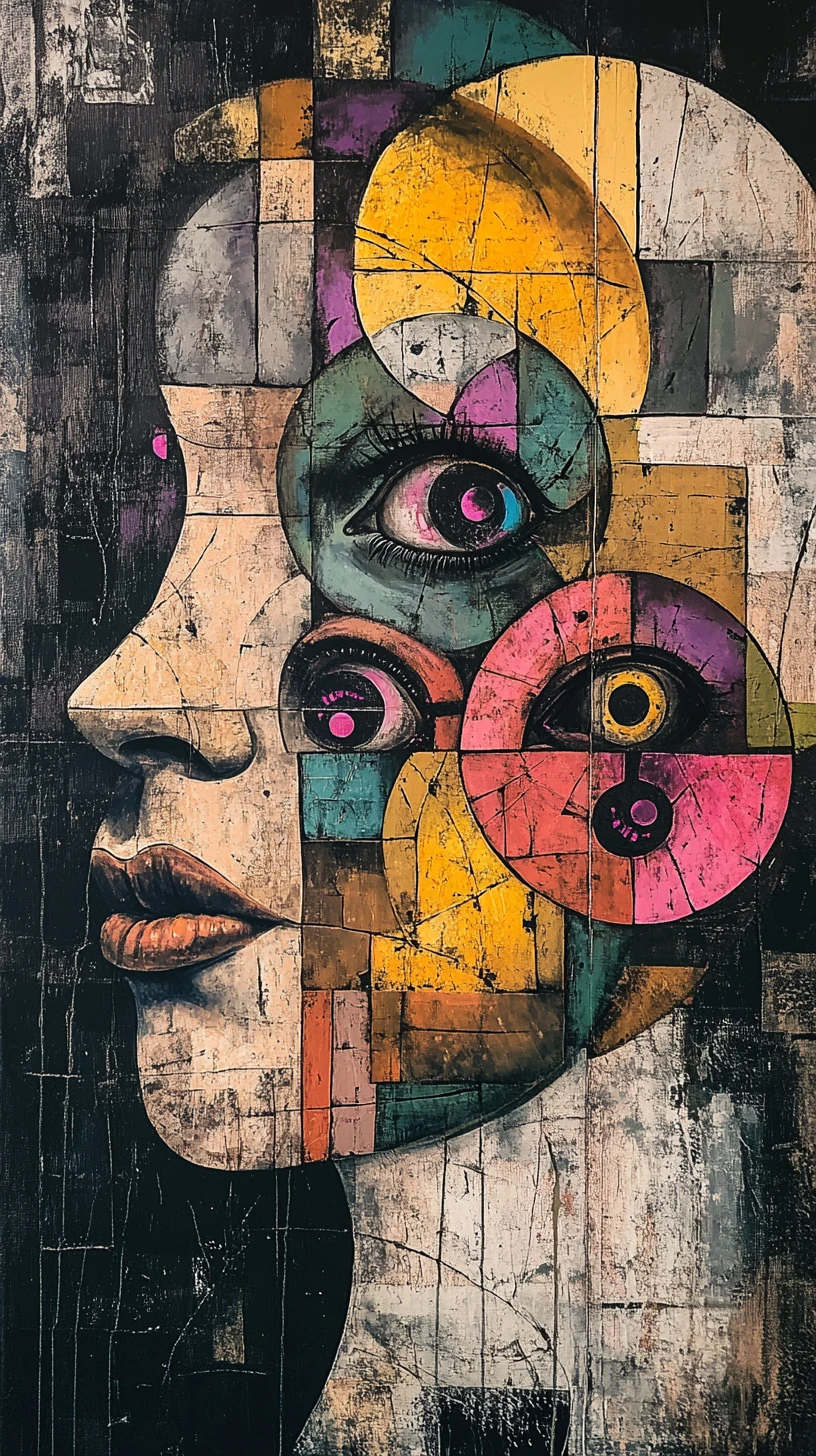 Portrait cubiste surréaliste de visages humains mécaniques fragmentés