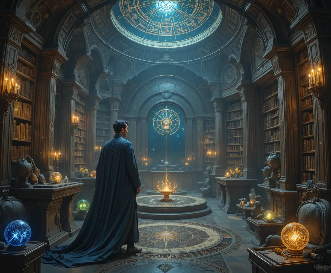 Bibliotecário Ancestral em uma Câmara de Artefatos Cósmicos