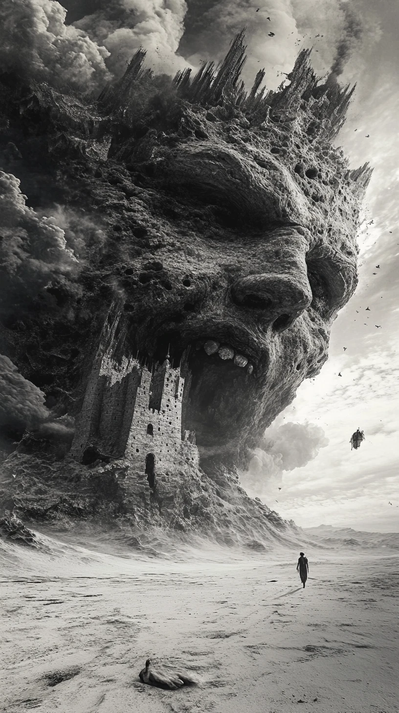 Guerreiro solitário protegendo um frágil castelo de areia à beira-mar