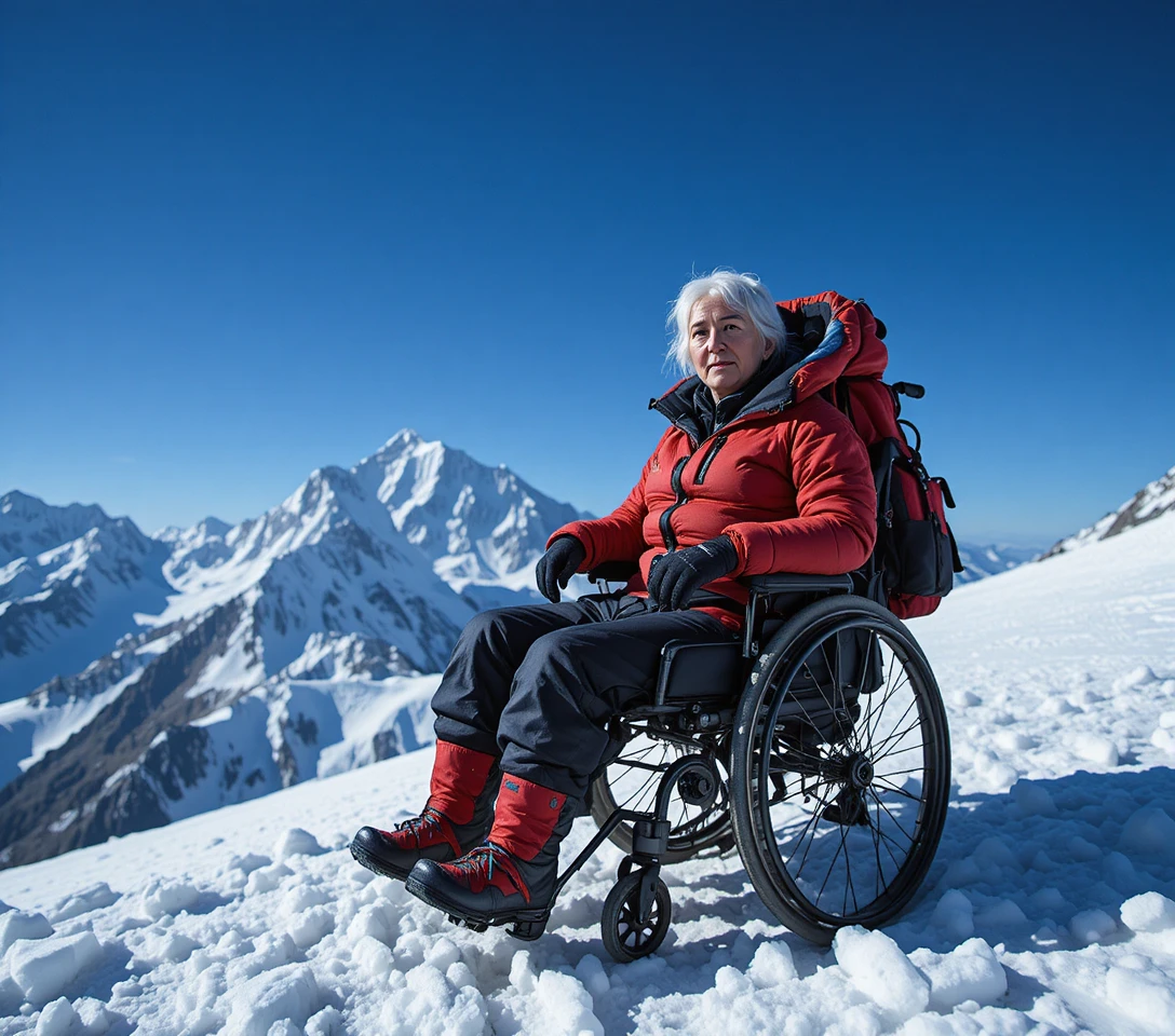 Anziana in sedia a rotelle sulla vetta innevata del K2