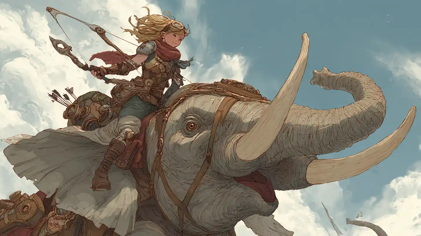 Steampunk warrior girl riding a flying African elephant