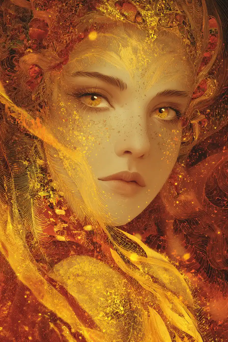 Mystical woman in golden sunrise art nouveau dreamscape