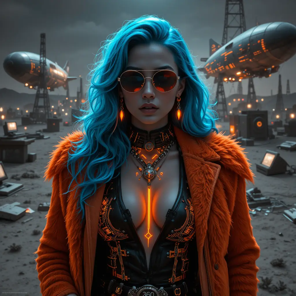Mulher cyberpunk noir com casaco de pele aviador neon
