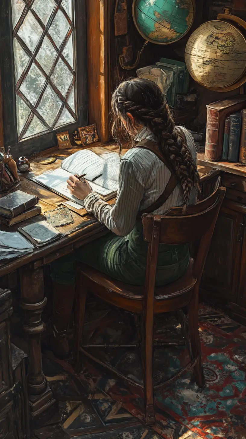 Focused student writing at a wooden desk in warm study