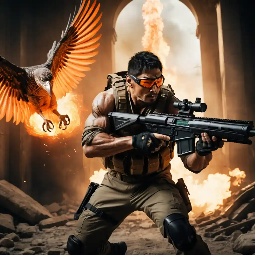 Sniper and gunner battling flaming terror bird in corridor