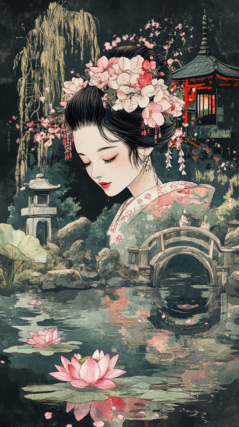 Mulher japonesa de quimono se fundindo com jardim tranquilo