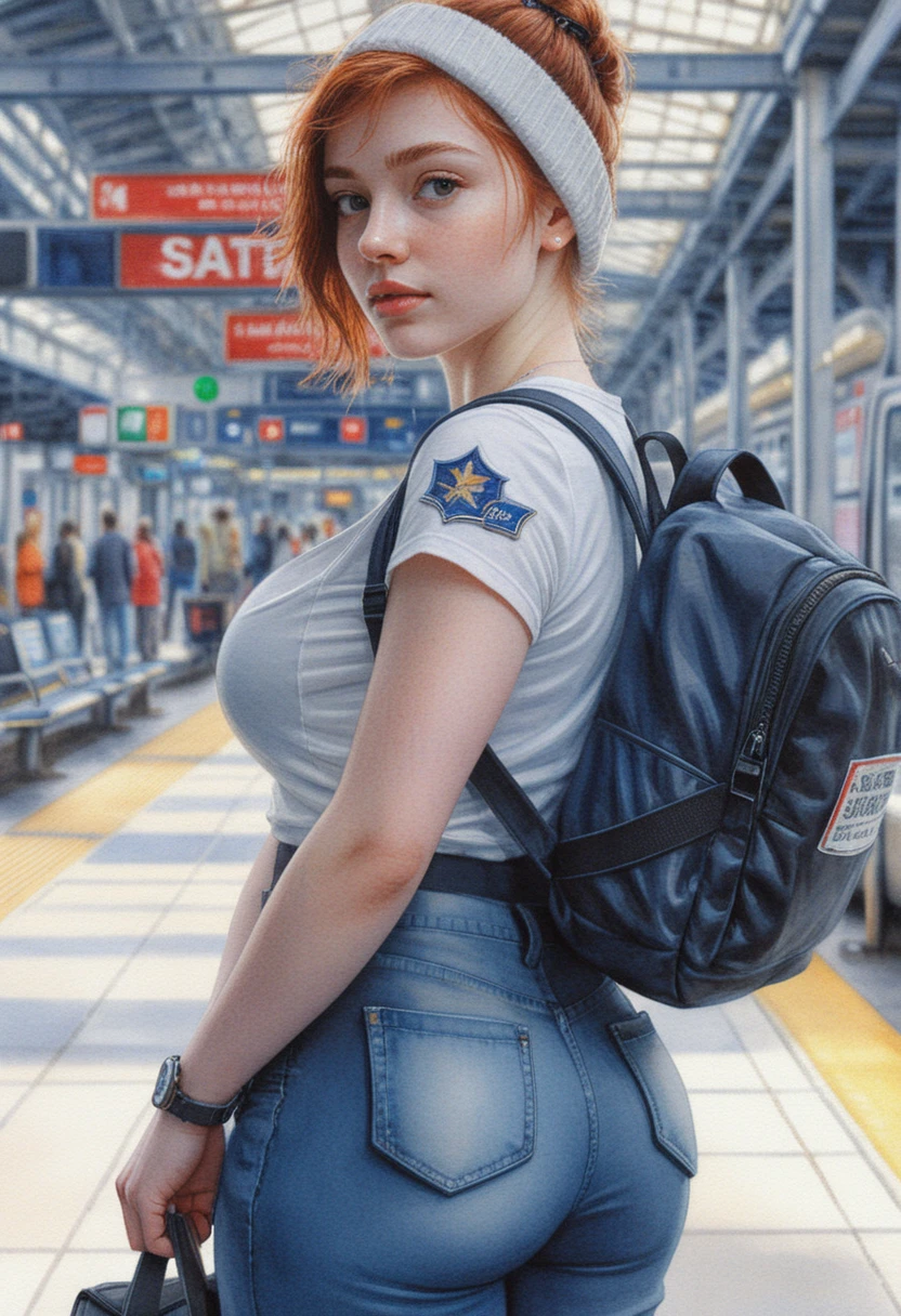 Young traveler waiting on a sunlit modern train platform