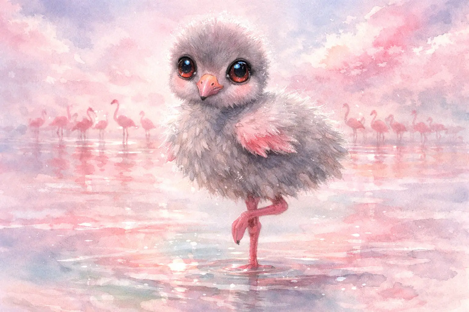 Flamingoküken in ruhiger Aquarell-Lagune