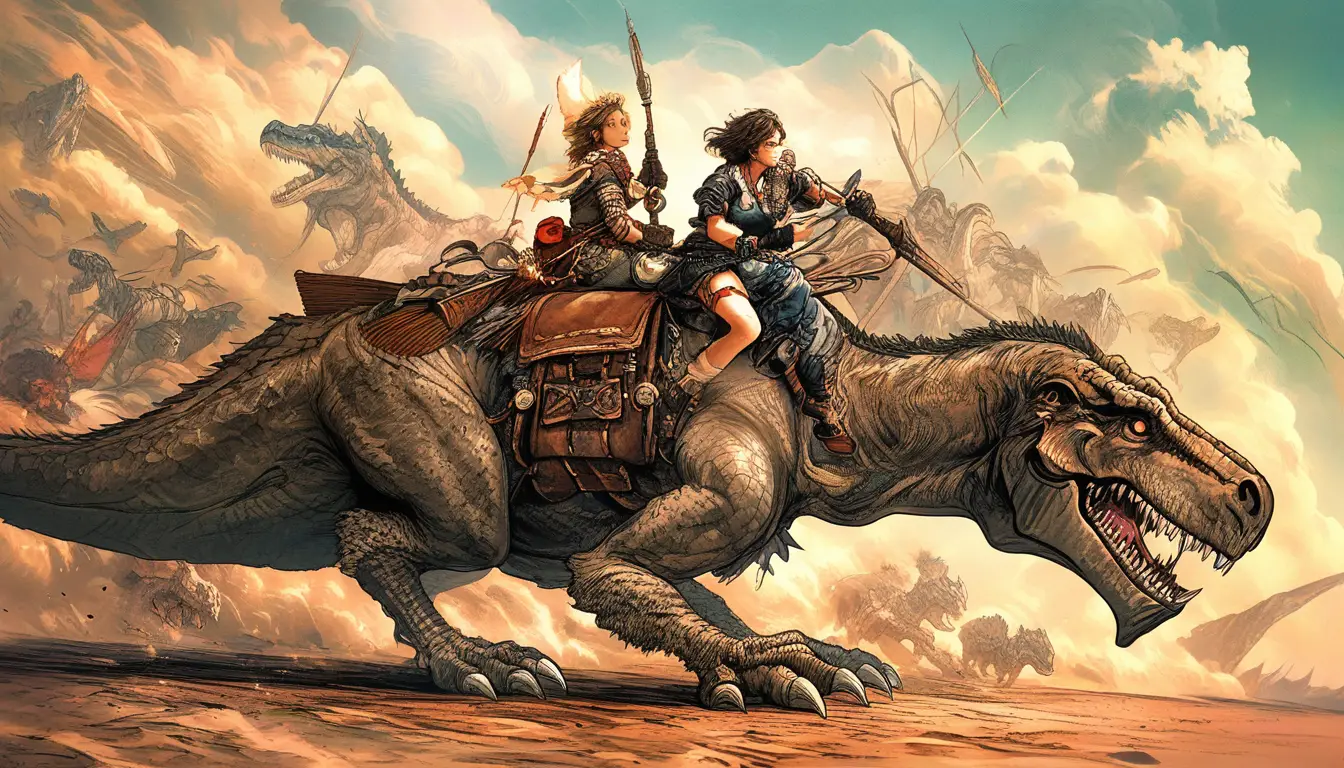 Steampunk warrior girl riding a dinosaur into battle