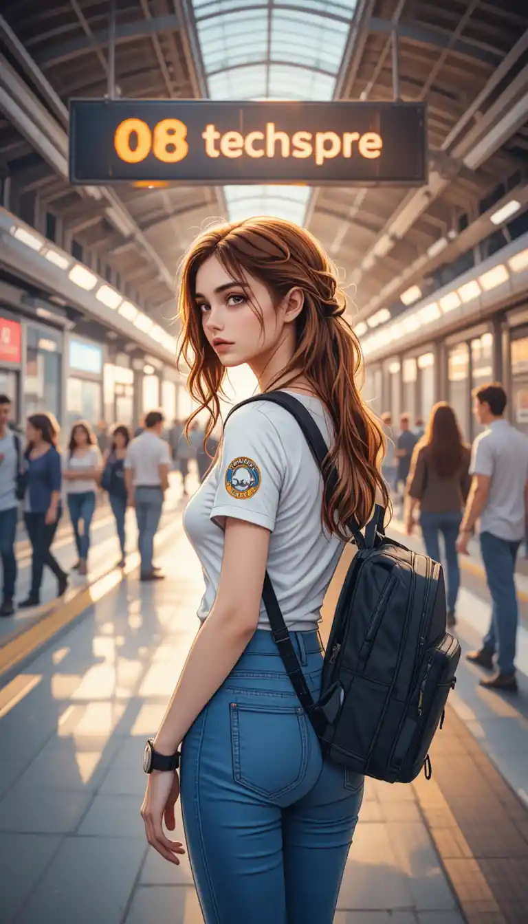 Young woman traveler on a sunlit modern train platform