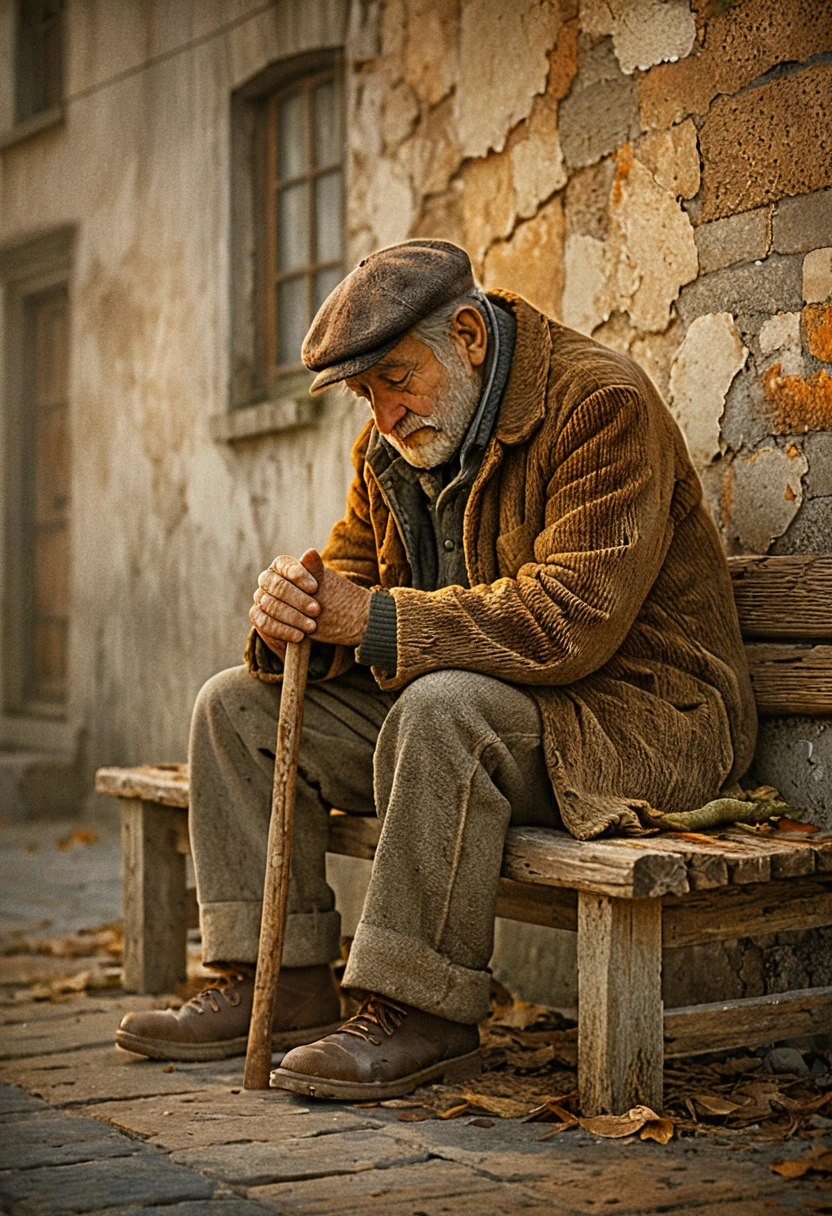 Velho descansando sozinho em um banco de parque esquecido