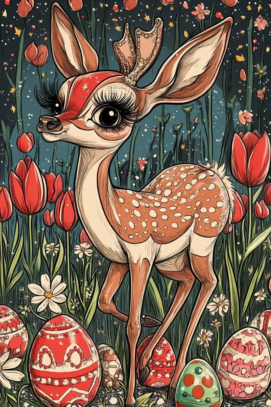 Anthropomorphic Deer Diva In Tulip Field With Easter Eggs
