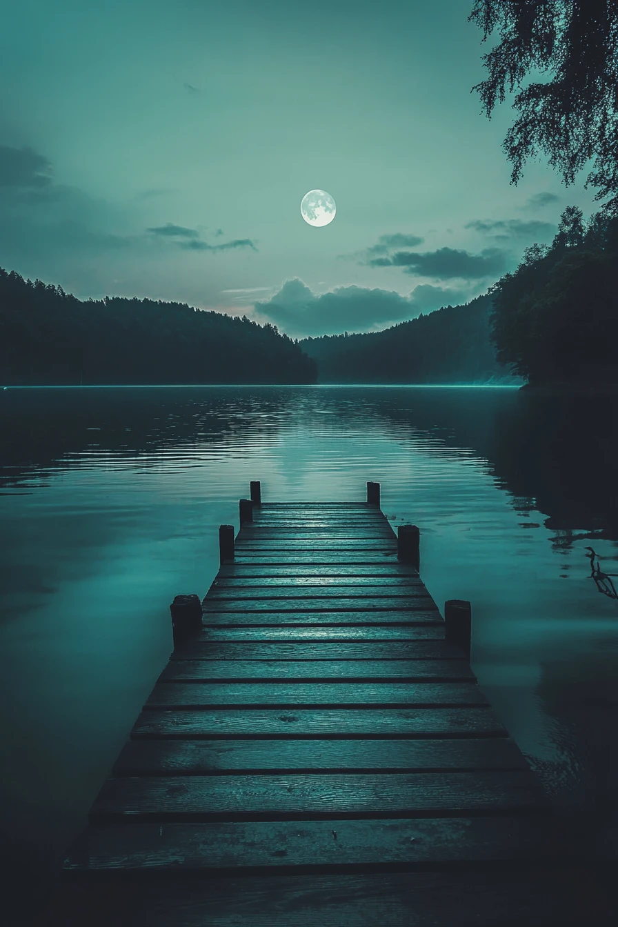 Calm midnight lagoon with soft lofi chill atmosphere