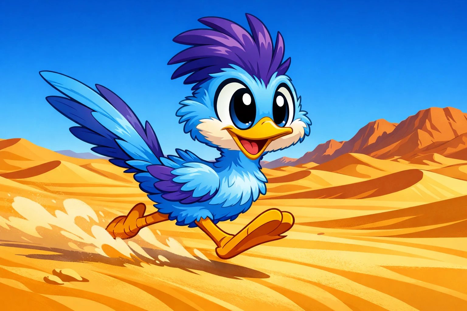 Cartoon baby roadrunner chick racing across golden desert dunes