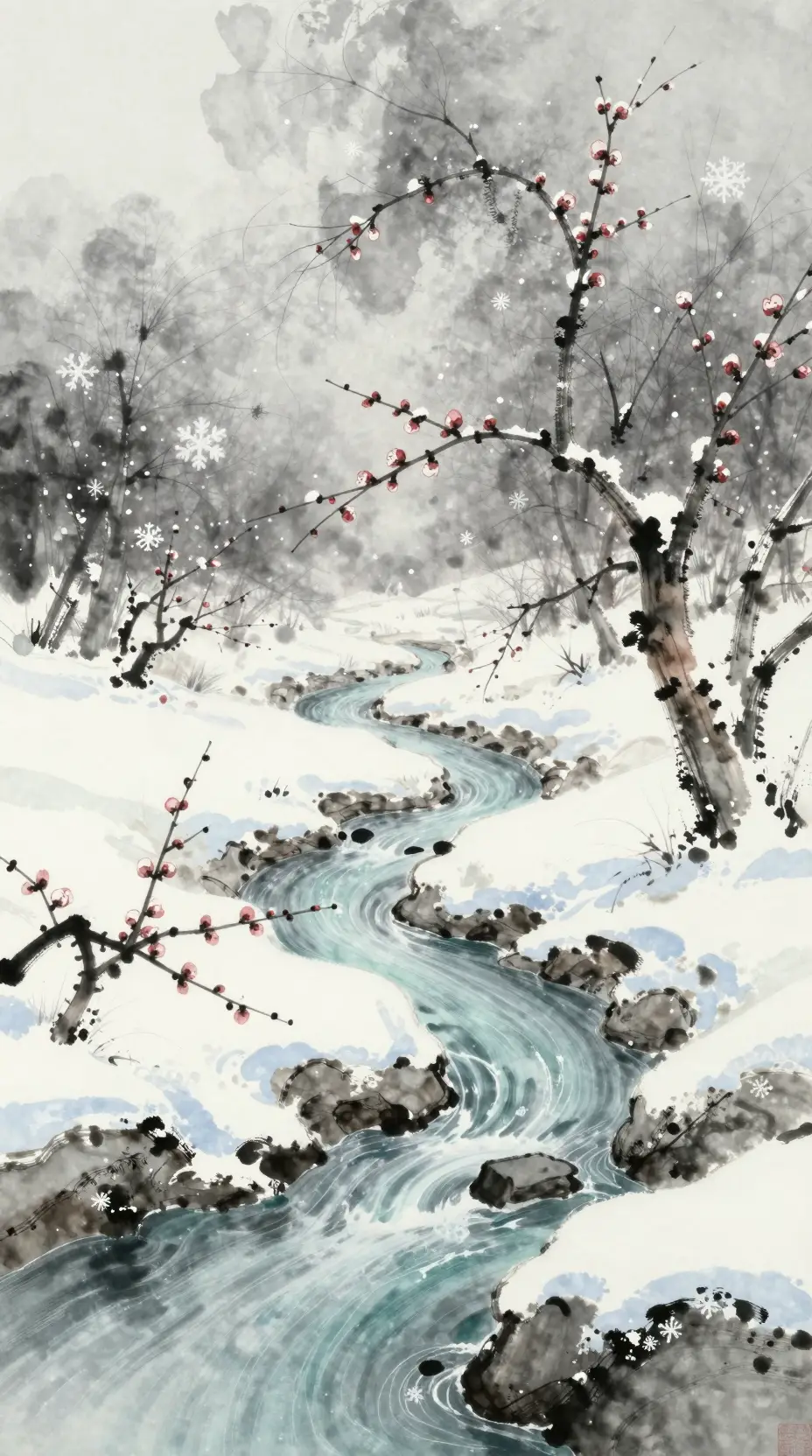 雪に包まれた冬景色の繊細な水墨画イラスト