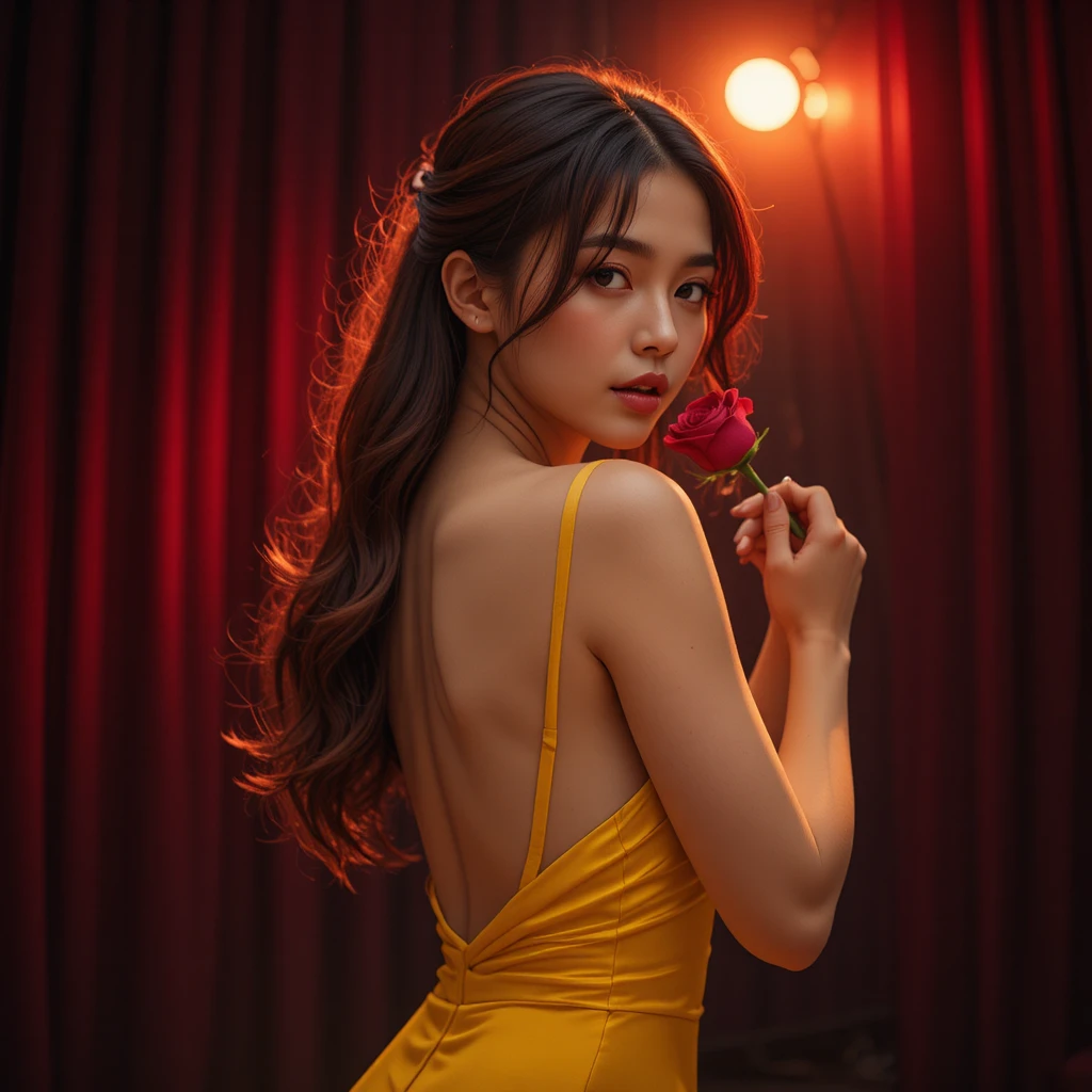 Seductive close up of a woman with rose and tango gown