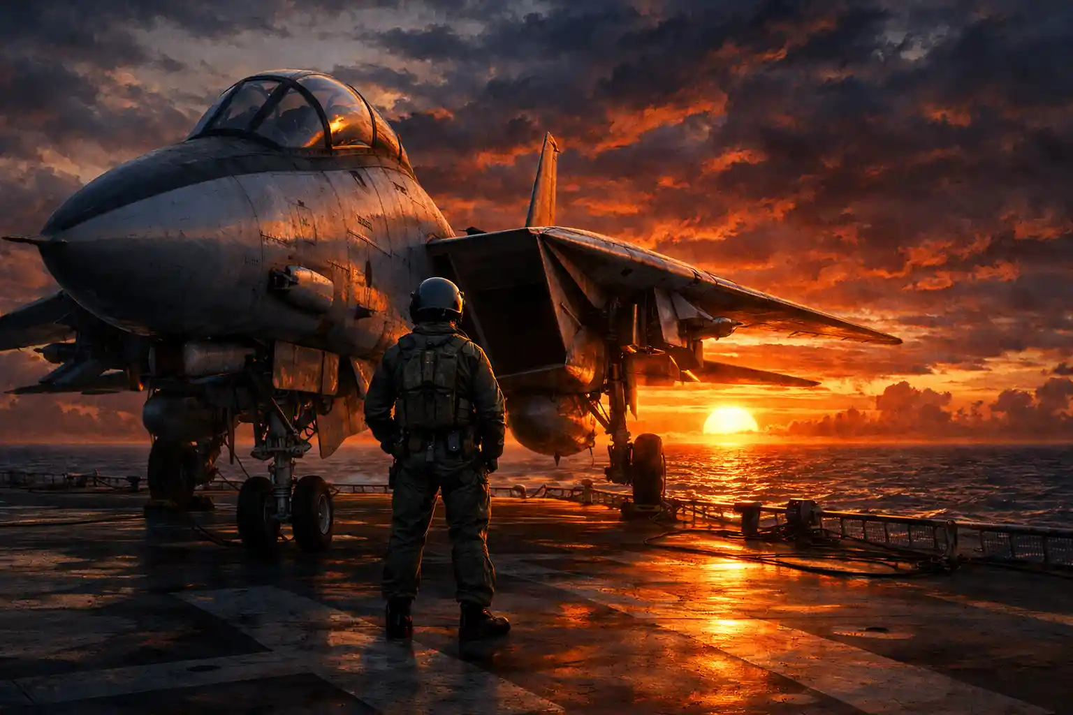 F 14 jet and pilot on carrier deck at sunset
