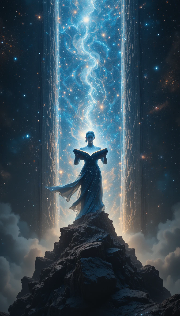 Cosmic woman of starlight reading a book of galaxies